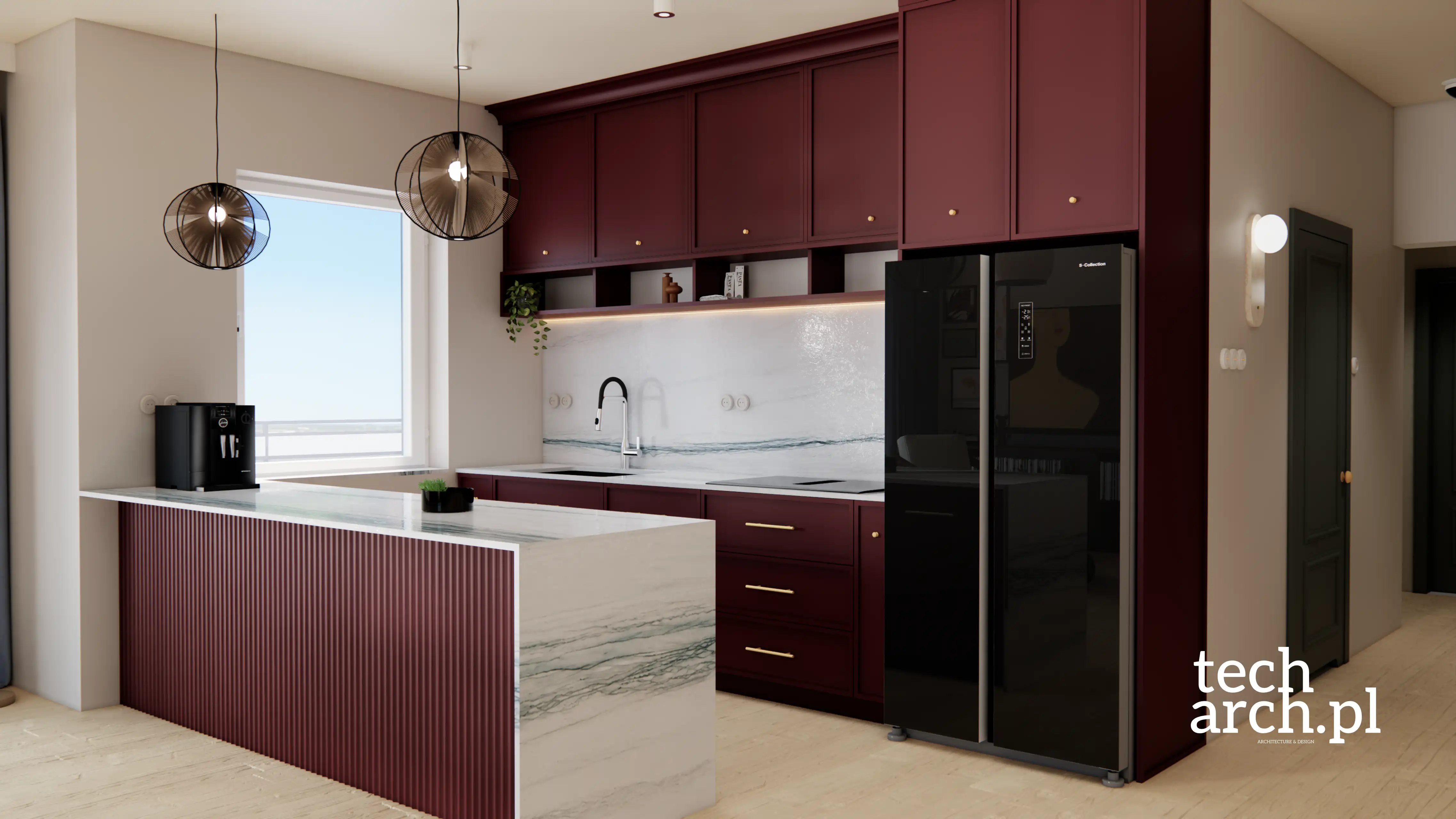 projekt mieszkania 105 m2 - burgundowa kuchnia z wyspą