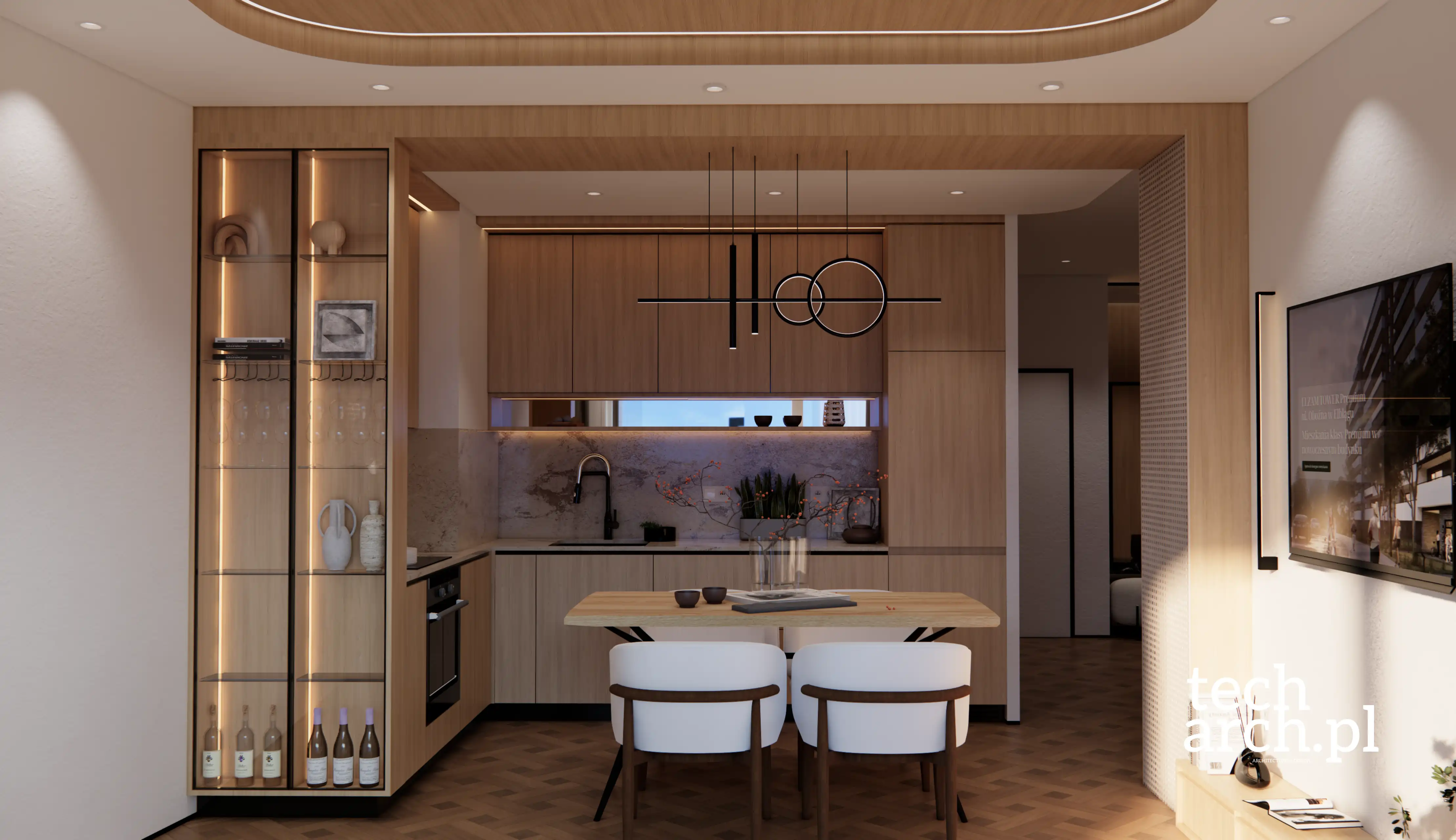 projekt mieszkania 62 m2 - detal holu z drewnem i lustrem